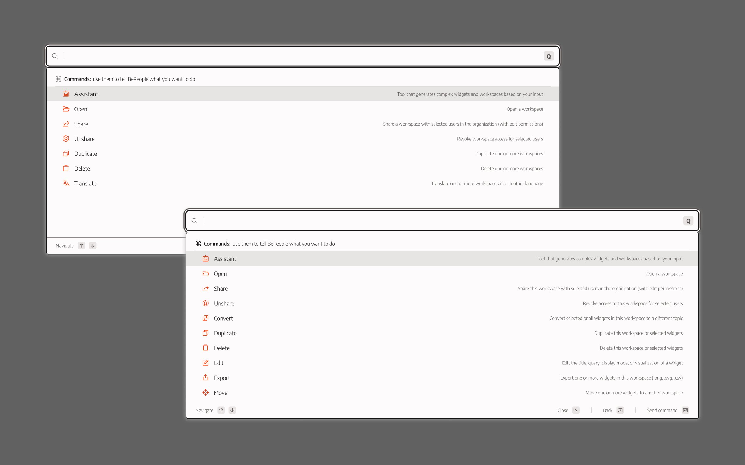 Context-dependent command set: homepage and workspace state comparison