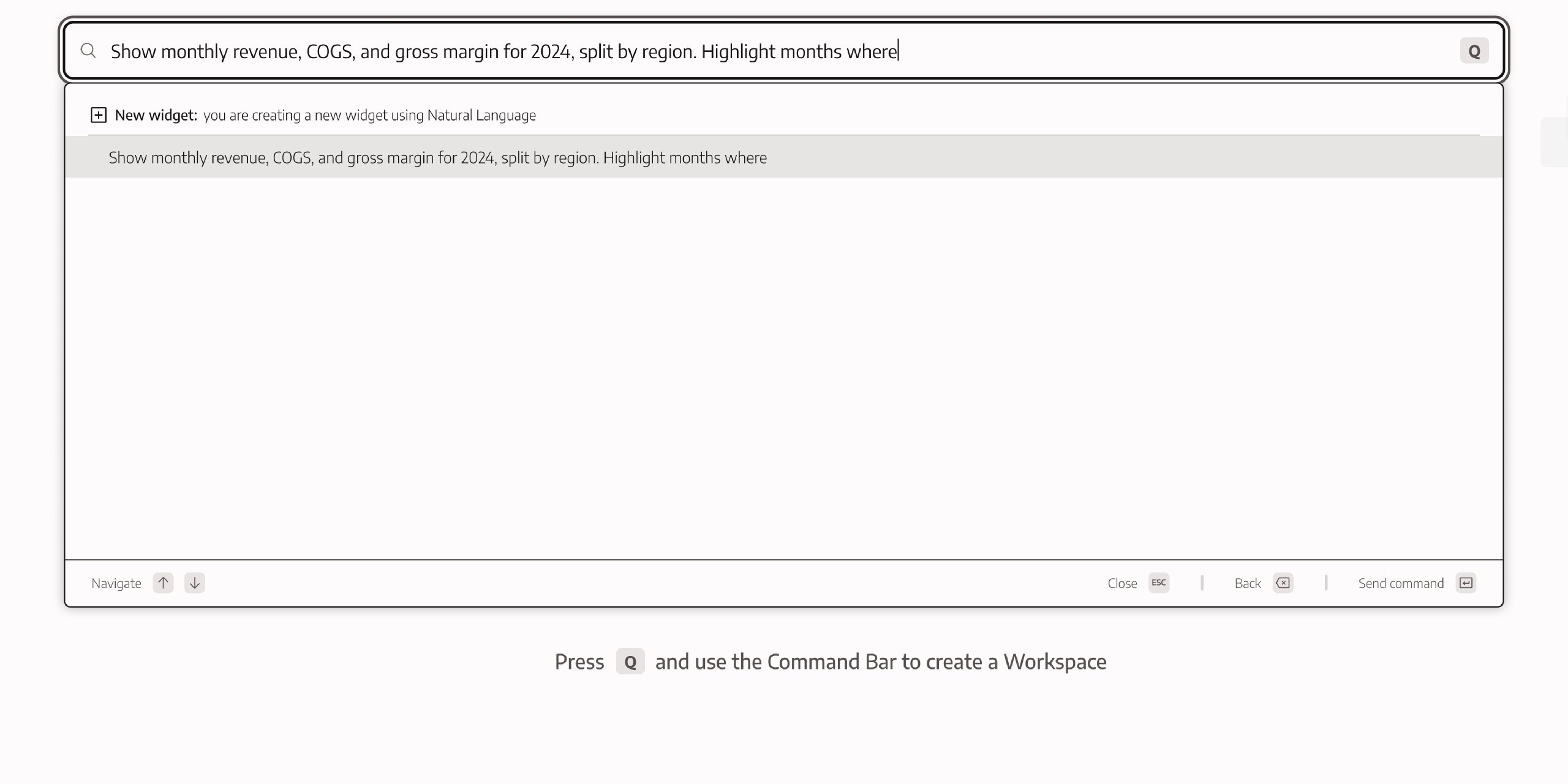 New widget action displayed at the top of the palette for a descriptive query